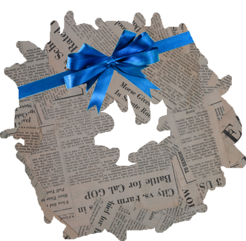 Festive Christmas wreath with newspaper textured and a blue bow